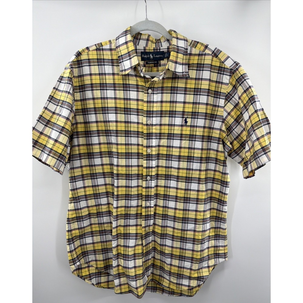 Ralph Lauren Classic Fit Oxford Shirt Yellow Plaid Mens‎ L Short Sleeve Preppy